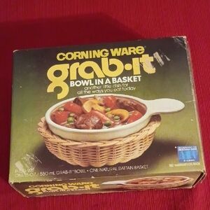 Vintage Corningware White Grab-It Bowl with Natural Rattan Basket